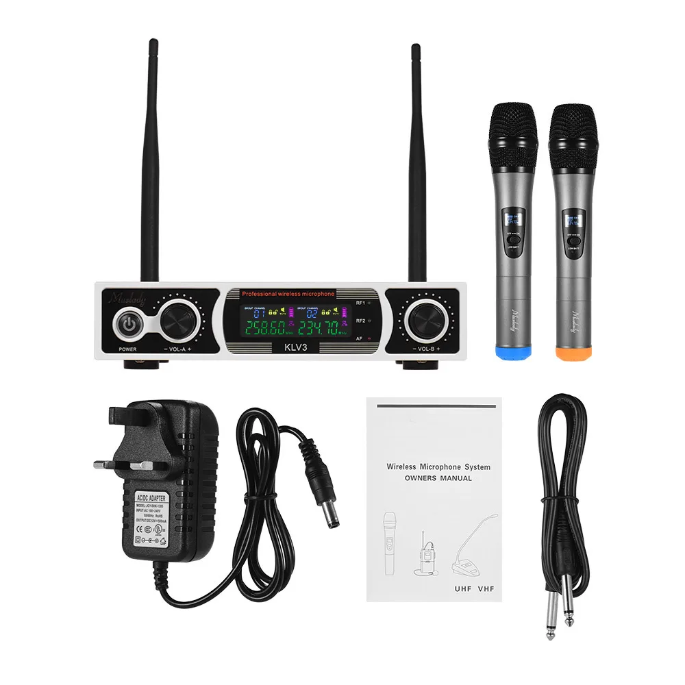 Muslady KLV3 VHF Wireless Microphones Set with 1 Receiver 2 Handheld Microphone Color Screen for DJ Party Karaoke Singing