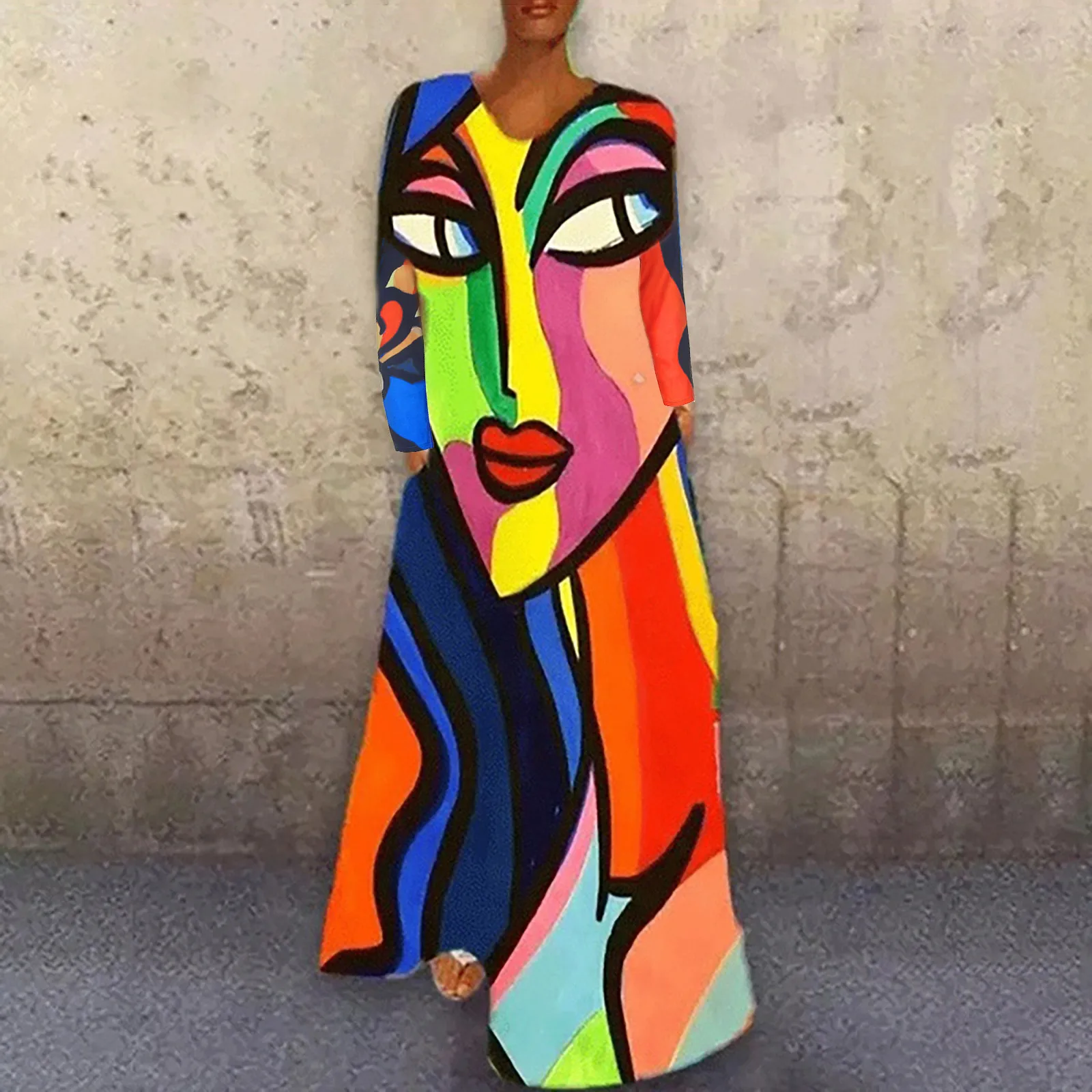 Vestido Vintage elegante para mujer, estampado creativo, informal, manga larga, cuello redondo, suelto, De talla grande, Delgado, De Fiesta, n. ° 4