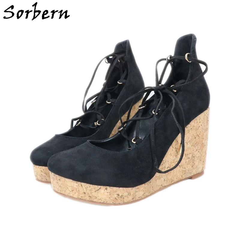 

Sorbern Made-To-Order Wedges Pump Women High Heels Lace Up Round Toe Platform Faux Suede Black Shoe Females Plus Size 34-46