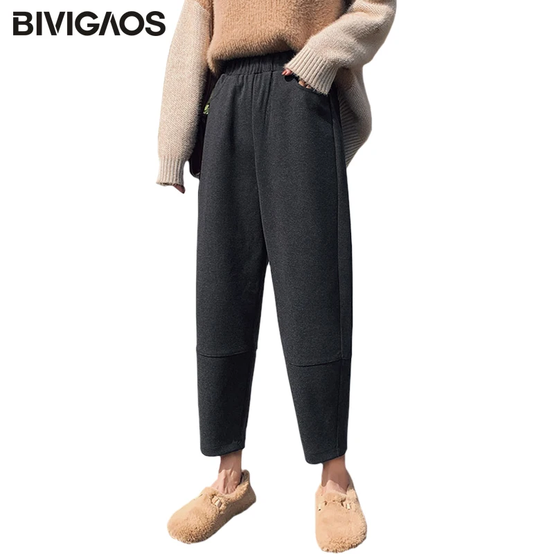 BIVIGAOS Осень-зима шерстяные штаны для мамы шаровары женские свободные прямые повседневные укороченные брюки широкие штаны зимние штаны женские широкие брюки теплые брюки женские