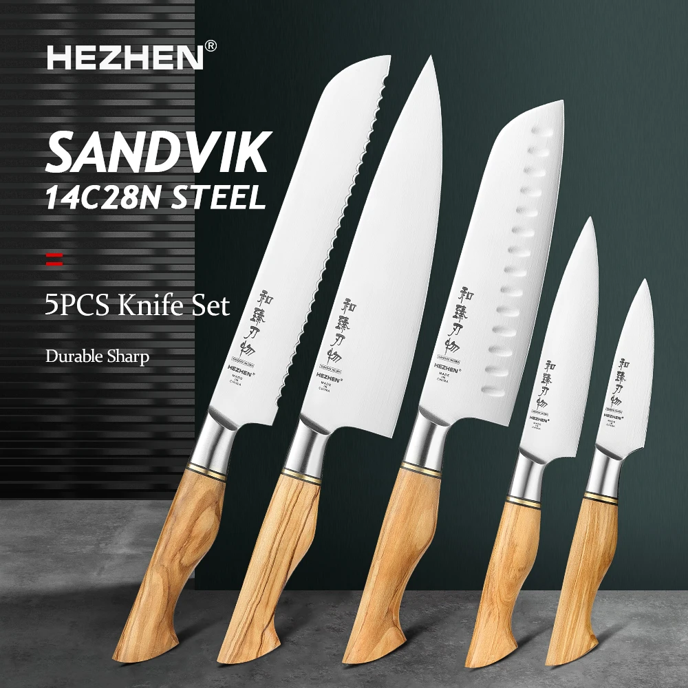 Hezhen 5pc Knife Set Sandvik 14c28n Steel Chef Master Series Utility