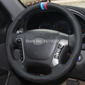 

For Hyundai Santa Fe 2006-2012 Hand-stitched Anti-Slip Black Leather Black Thread DIY Steering Wheel Cover