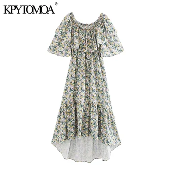 

KPYTOMOA Women 2020 Chic Fashion Floral Print Ruffled Midi Dress Vintage O Neck Short Sleeve Irregular Female Dresses Vestidos