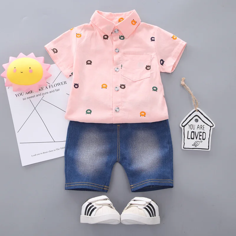 

2019 Summer New Style Fashion Child Cute Cartoon Bear Small CHILDREN'S Shirt Set Childrenswear Small CHILDREN'S Set Men's