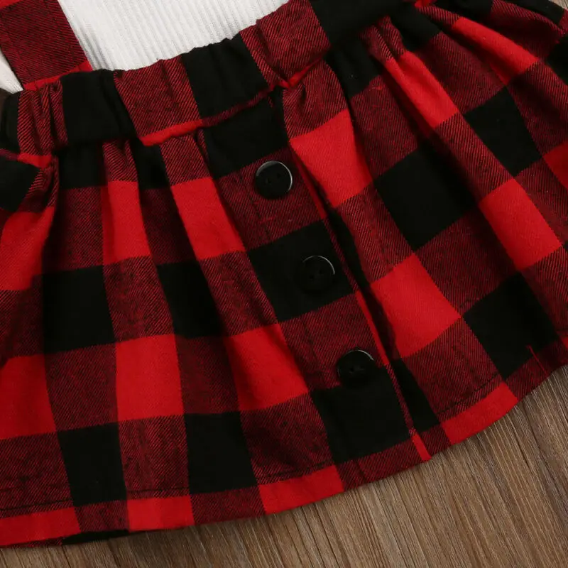 0 18 Months Baby Girl Clothes Sets 3pcs Knitted Tops Romper Plaids Print Bib Dress Headband Girls Suspender Skirt