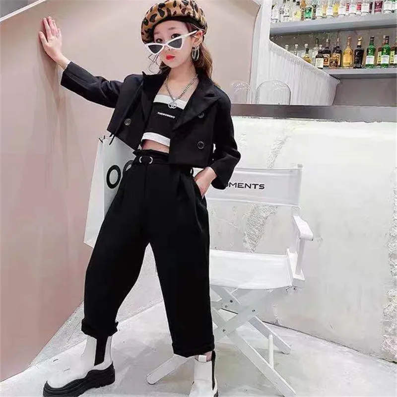 Suit for Girls Autumn 2023 Children's Costume Black Short Blazers Pants Set  School Kids Clothing 13 14 Years Old Teenage Outfits