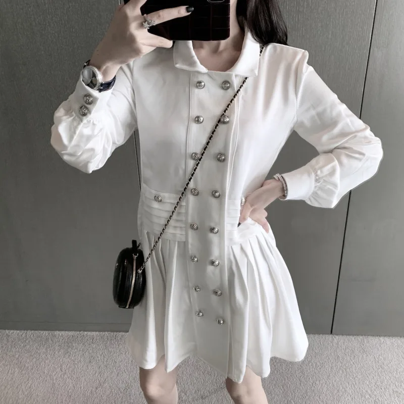 Fashion Solid Color Satin Lapel Long Sleeve Double-breasted Waist Pleated Woman Dress Simple Sweet Fashion Tide Autumn New TV221