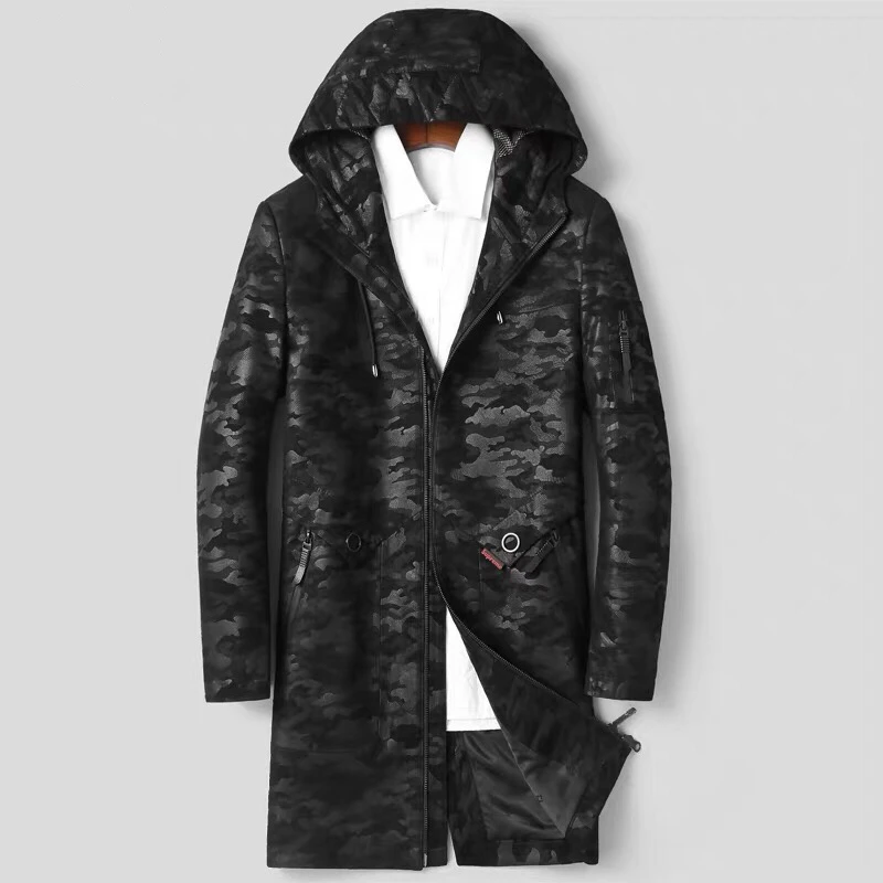 Pudi MT906 Новая модная мужская куртка из натуральной овечьей кожи камуфляжная Длинная кожаная куртка с капюшоном зимняя теплая верхняя одежда