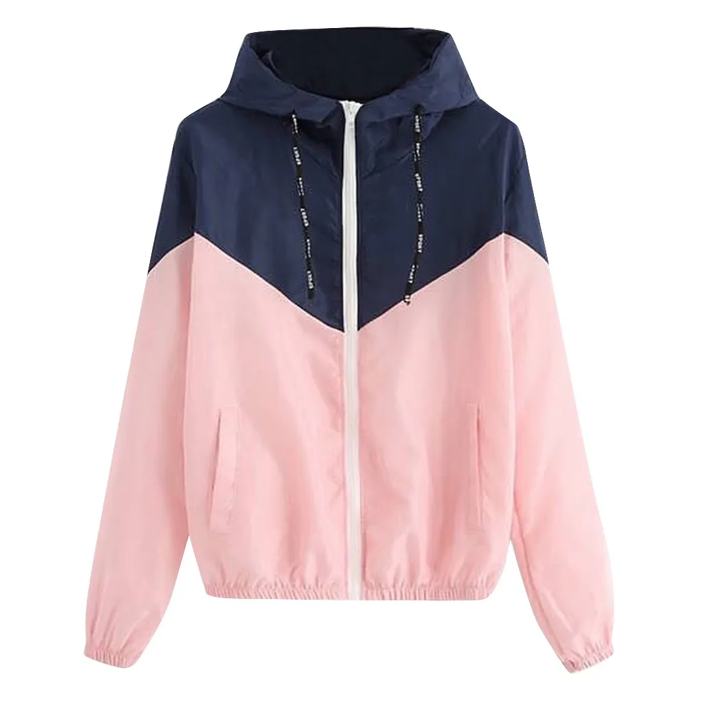 

Women's Hooded Jackets Patchwork Causal windbreaker Women Basic Jackets Coats Lightweight Outwear Spring Autumn d2