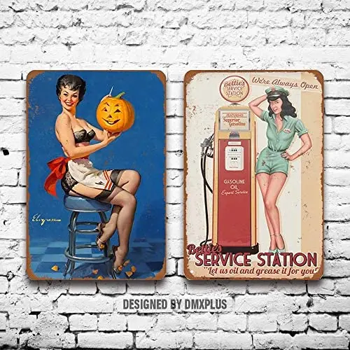 Metal Sign (Set of 2) Tin Signs 1 Gas Online Oil Sexy Pinup Girl Vintage Look Wall Decoration Home Decor Plaque | Дом и сад