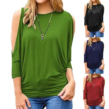 

Plus Size Leisure Women Solid Color Cold Shoulder 3/4 Sleeve O Neck Blouse T-Shirt Top