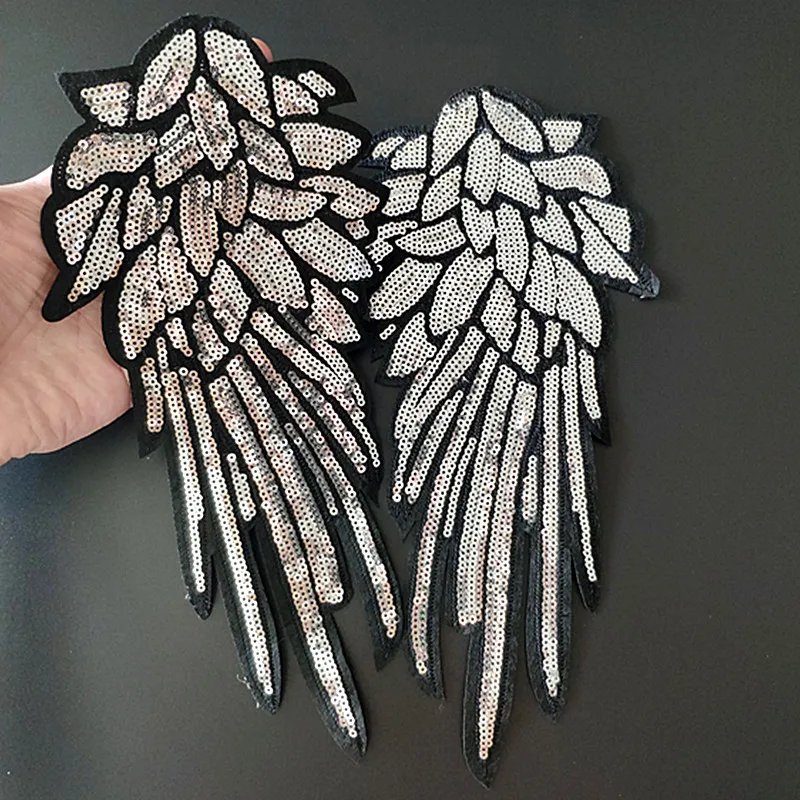 

27CM Wing Patches For Clothing Silver Sequins Biker Badge Embroidery Fabric Patch Sequined Women Clothes Stickers Strange things