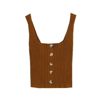 

2020 Spring WOMEN'S Dress New Products Solid Color Slim Fit Sunken Stripe Sleeveless Knitting Camisole Front Buckle Short Tops