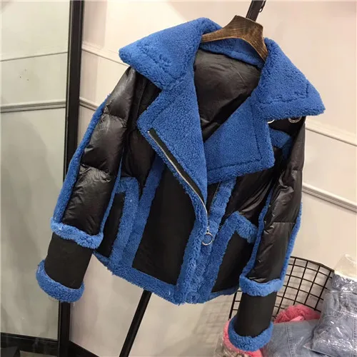 black coat blue fur Новое зимнее женское пальто из натурального меха Серебряная Двусторонняя Меховая куртка из натуральной овечьей кожи байкерская куртка на белом утином пуху - Цвет: black coat blue fur