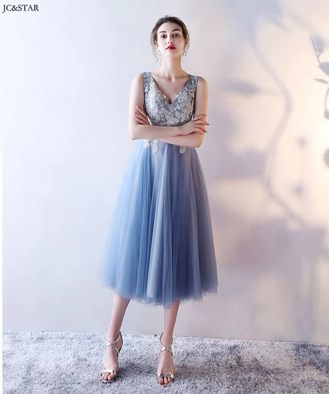 Пыльно-голубое платье подружки невесты, новинка, тюль, аппликация ALine3, Стильное элегантное платье для женщин, для свадебной вечеринки, платье длиной до середины икры, для свадьбы