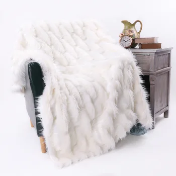 

Faux fur blanket European luxury imitation fur jacquard plaid throw Bedspread for living room bay window sofa bed cover white