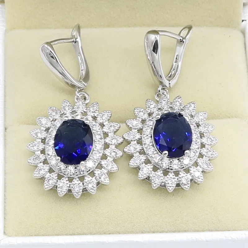 Natural Blue Sapphire Topaz White Zircon Silver 925 Jewelry Sets silver jewelry set jewelry set silver jewelry For Women Party Earrings Pendant Necklace Rings Bracelet