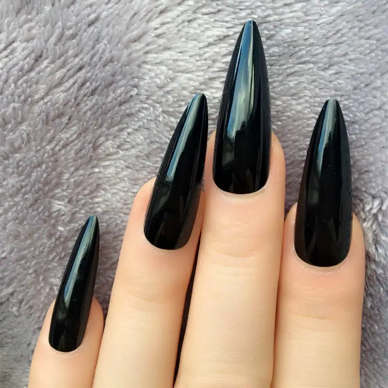 

Stiletto Long Fake Nails Black Almond Impress Press On Nails False Artificial Gloss Sharp Nep Nagels With Glue Sticker Nail Pops