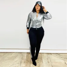 Женский Повседневный Спортивный костюм с блестками на молнии, комплект из двух предметов, модные женские костюмы, толстовки, комплект из двух предметов, топ и штаны#1122