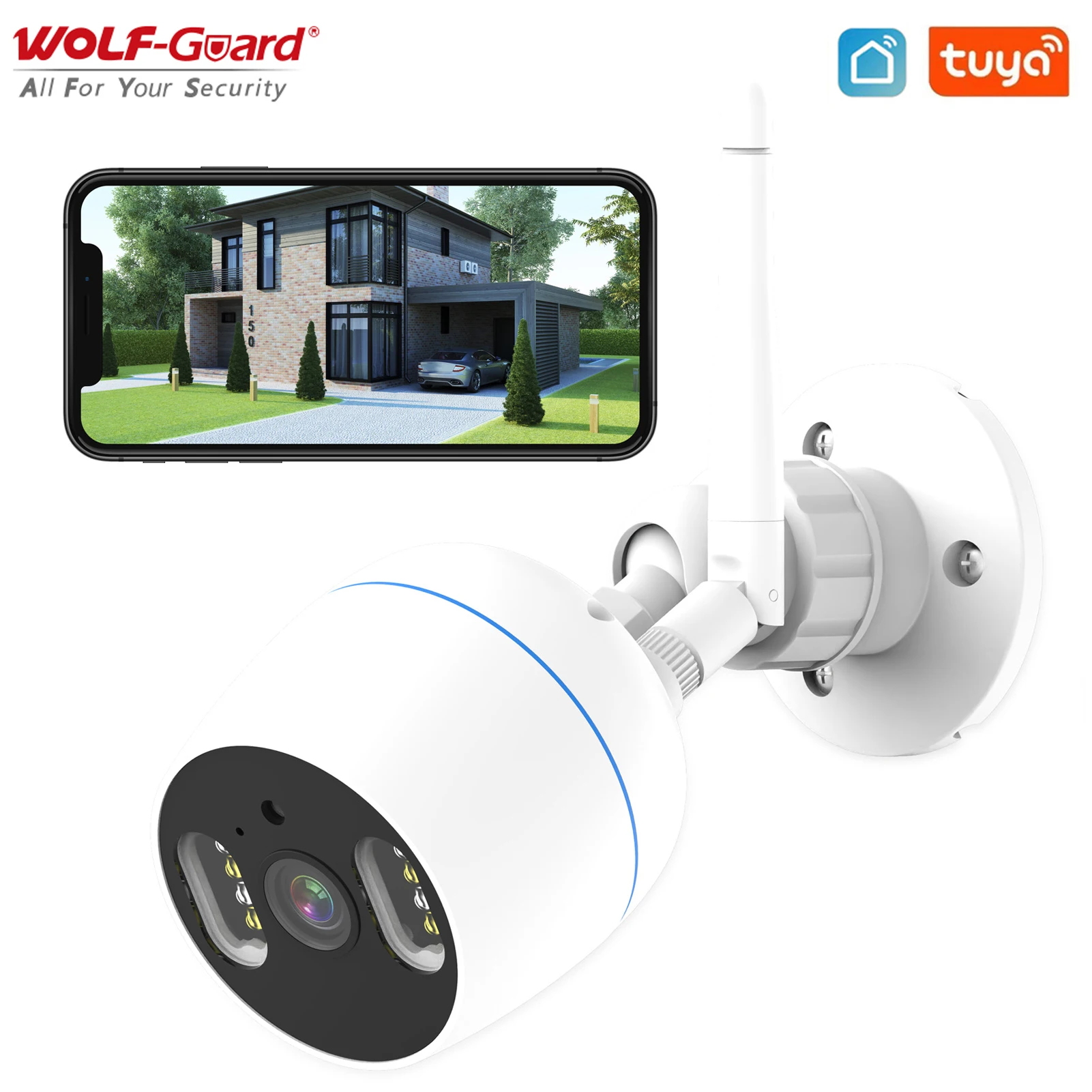 Wolf-Guard Tuya WiFi Smart IP Camera Indoor/Outdoor Waterproof 1080P Full HD Angle Adjustment Monitor 2-Way Audio Night Vision
