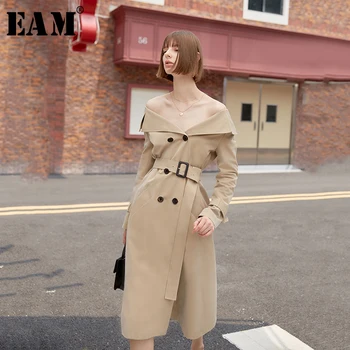 

[EAM] Women Belt Double Breasted Temperament Dress New Strapless Neck Long Sleeve Loose Fit Fashion Spring Autumn 2020 1B150