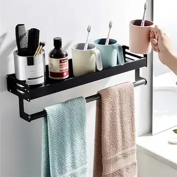 

30/40/50/60cm Kitchen Bathroom Wall Storage Rack Holder Towel Organizer Cosmetics Shampoo Storage Shelves Punch Free Towels Bar