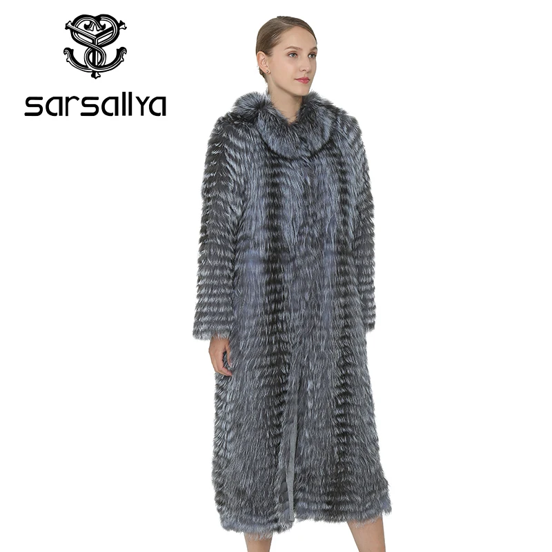 SARSALLYA длинные натурального меха лисы зимнее пальто Настоящее Silver Fox жилет женская