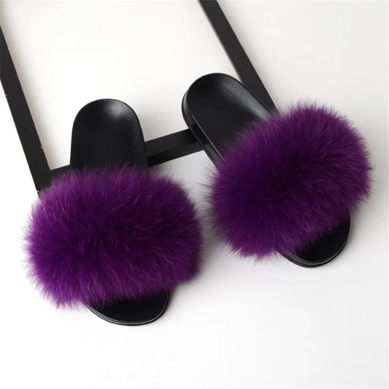 

Women's fur slippers home warm fox fur slippers flip-flops indoor furry fluffy sandals winter plush shoes