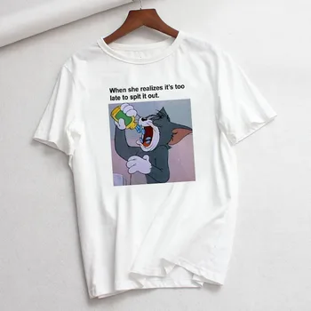 

Jerry Mouse Cat Tom Print Cartoon Casual Summer Tops Fun Spoof Female Loose Letters Large Size tees Cute Ulzzang Vintage T-Shirt
