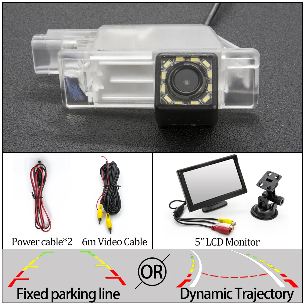 Статический или динамический траектории камера заднего вида CCD для peugeot 301 308 408 508 седан C5 2008 3008 2013 автомобиля - Название цвета: 12LED And 5 inch LCD