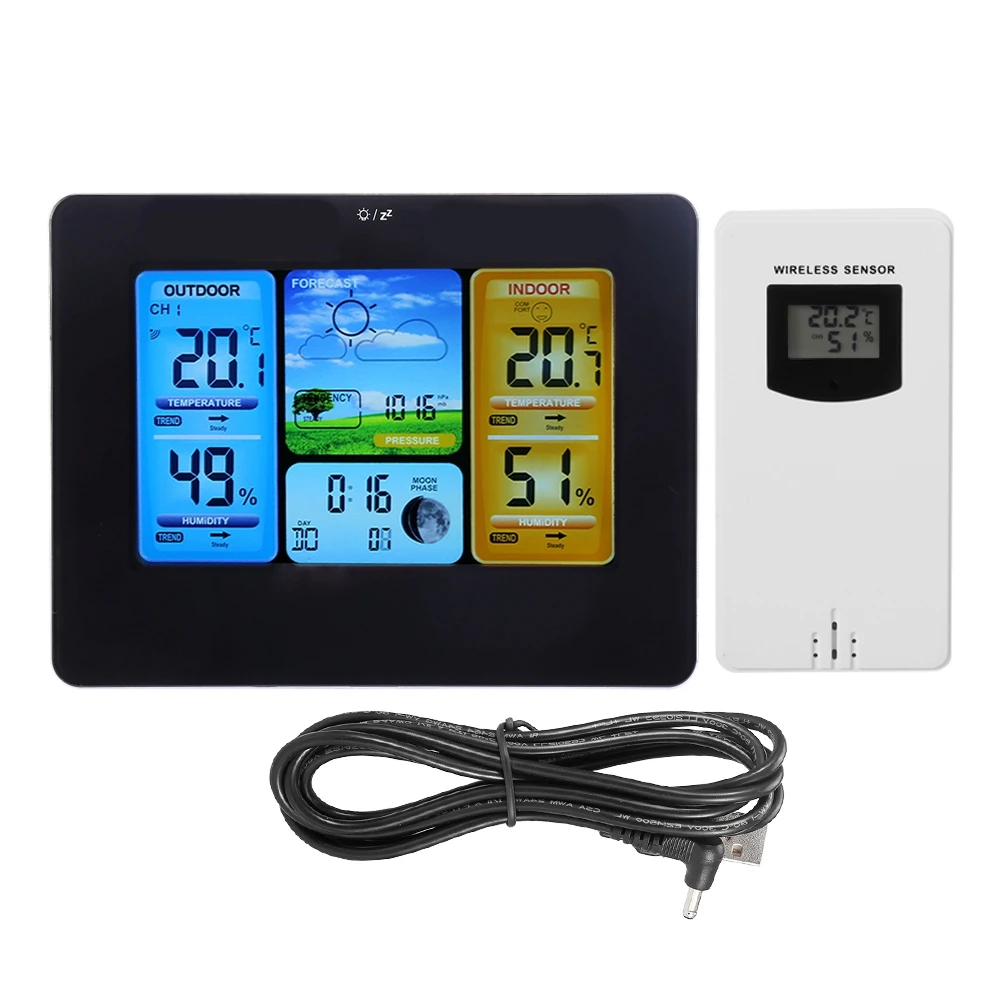 Sensor Colorful LCD Digital Wireless Weather Station Clock Thermometer Indoor&Outdoor Temperature Humidity