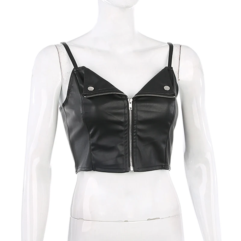 Waatfaak Punk Gothic PU Leather Tank Top Women Moto Style Zipper Up Button Crop Top Club Cami Black Croptop Fashion Sleeveless