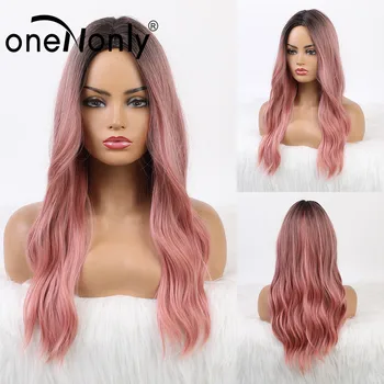 

oneNonly Long Synthetic Wig Ombre Pink Wig Side Bangs Wigs for White Black Women Glueless Natural Wholesale Wig Free Shipping