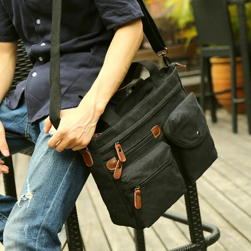 

Ougger Large Shoulder Bags for Men Handbags Summer Black Canvas Vintage Style Postman Package with Zipper for Business trip