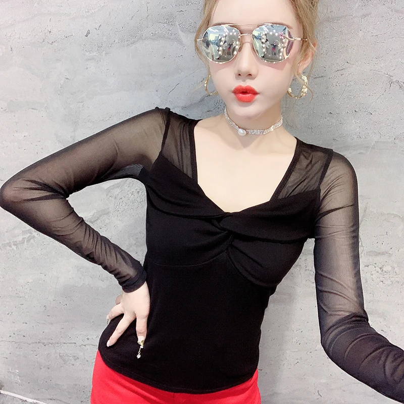 Black long sleeve Корейский сексуальный сетчатый топ с v-образным вырезом в стиле пэчворк, осенне-зимний женский Топ с длинным рукавом на спине, Camiseta Mujer, джемпер T98205 - Цвет: Black long sleeve