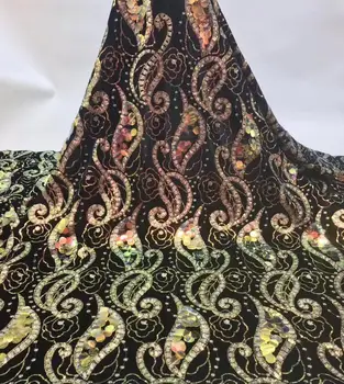 

2019 High Quality Nigerian Black Gold Wedding Lace Fabric Latest African Laces velvet French Net Lace Fabric With sequins lace