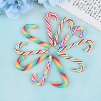 

10PCS Rainbow Stripe Clay Christmas Cane Candy,Christams Party Embellishments,Christmas Decoration Miniatures 47mmX19mm