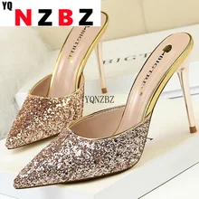 

2022 Summer Sexy Women Bling 9.5cm Stripper High Heels Party Slippers Giltter Gold Stiletto Heels Sequin Prom Slides Lady Shoes