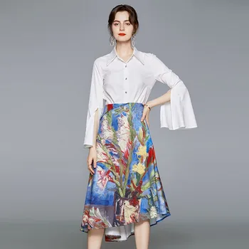 

New arrive Women's 2020 Autumn white Korean single-breasted split Flare sleeve Shirt + irregular floral print skirts 2 pices Set