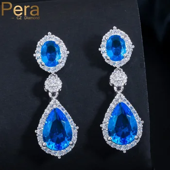 

Pera Fashion Women Evening Party Light Blue Cubic Zirconia Stone Long Pear Cut Earrings Jewelry For Valetine's Day Gift E076