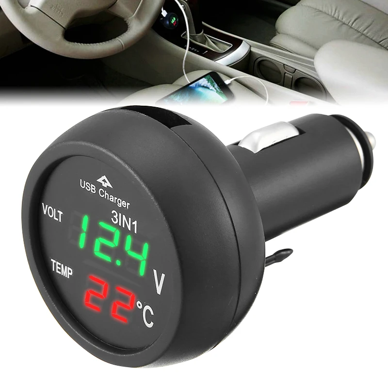 

3 in 1 Digital LED Car Voltmeter Thermometer Auto USB Charger 12V/24V Temperature Meter Voltmeter Cigarette Lighter Accessories