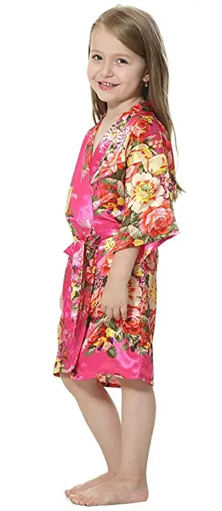 Детское атласное шелковое кимоно; одежда для сна и халаты; платье подружки невесты с цветочным рисунком для девочек; Бандажное платье с длинным рукавом; 6 цветов