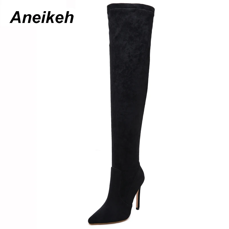 Aneikeh/ весна/женские осенние ботинки без застежки из искусственной замши стрейч сапоги до бедра модные Ботфорты женская обувь на высоком каблуке сапат