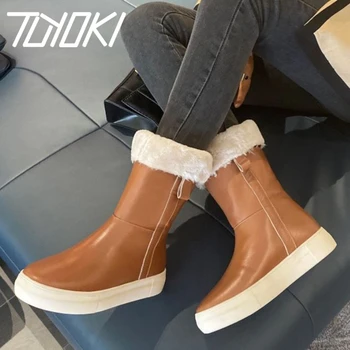

Tuyoki New Women Snow Boots Real Leather Warm Plush Fur Winter Shoes Woman Mid Calf Boots Fashion Short Boot Women Size 34-40