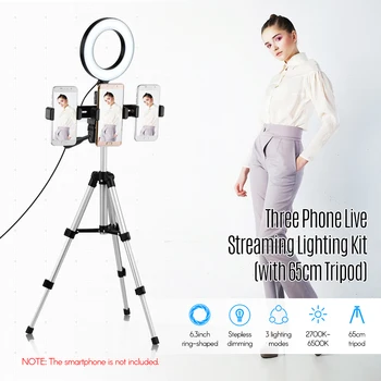 

Three-Phone Lighting Kit 6.3inch Bi-color USB Ring Video Light+65cm Tripod+Phone Holder+Remote Control for Video Live Streaming