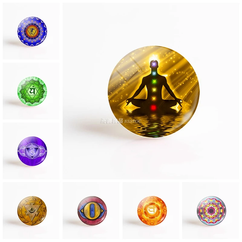 5 шт./лот 7 Чакр Йога Ом Символ стеклянный кабошон 25 мм Сделай Сам Круглый бисер