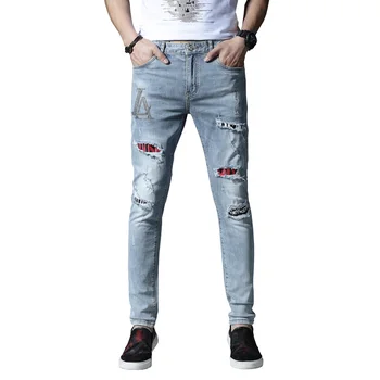 

New skinny men jeans ripped jeans for men stretch pants embroidery trousers hip hop Summer Spring light blue
