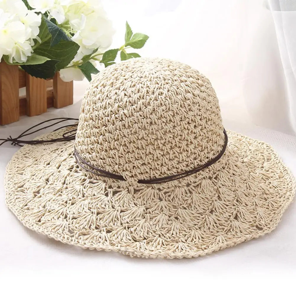 Studyset Woman straw hat straw weaving Handmade Straw Hat Large Brim Foldable Beach Bow Knot Sun Hat 80g