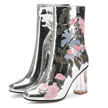 

AGODOR Winter Fashion Silver Boots Embroider Floral Prin Patent Leather Women Mid-calf Boots Zipper Block High Heels Party Shoes