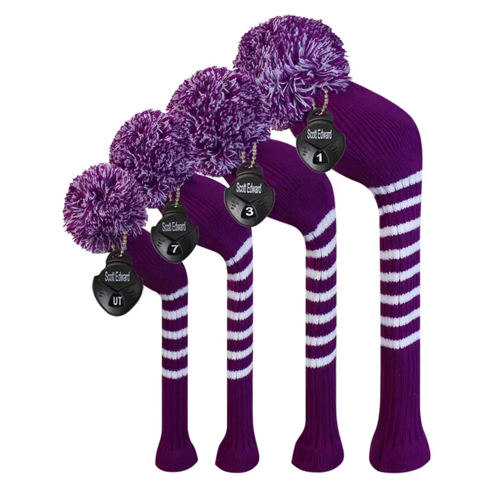 Purple White Полосатый Стиль вязать гольф головной убор, набор из 4 для водителя древесины, фарватера, гибрид, вращающийся номер метки - Цвет: Purple White